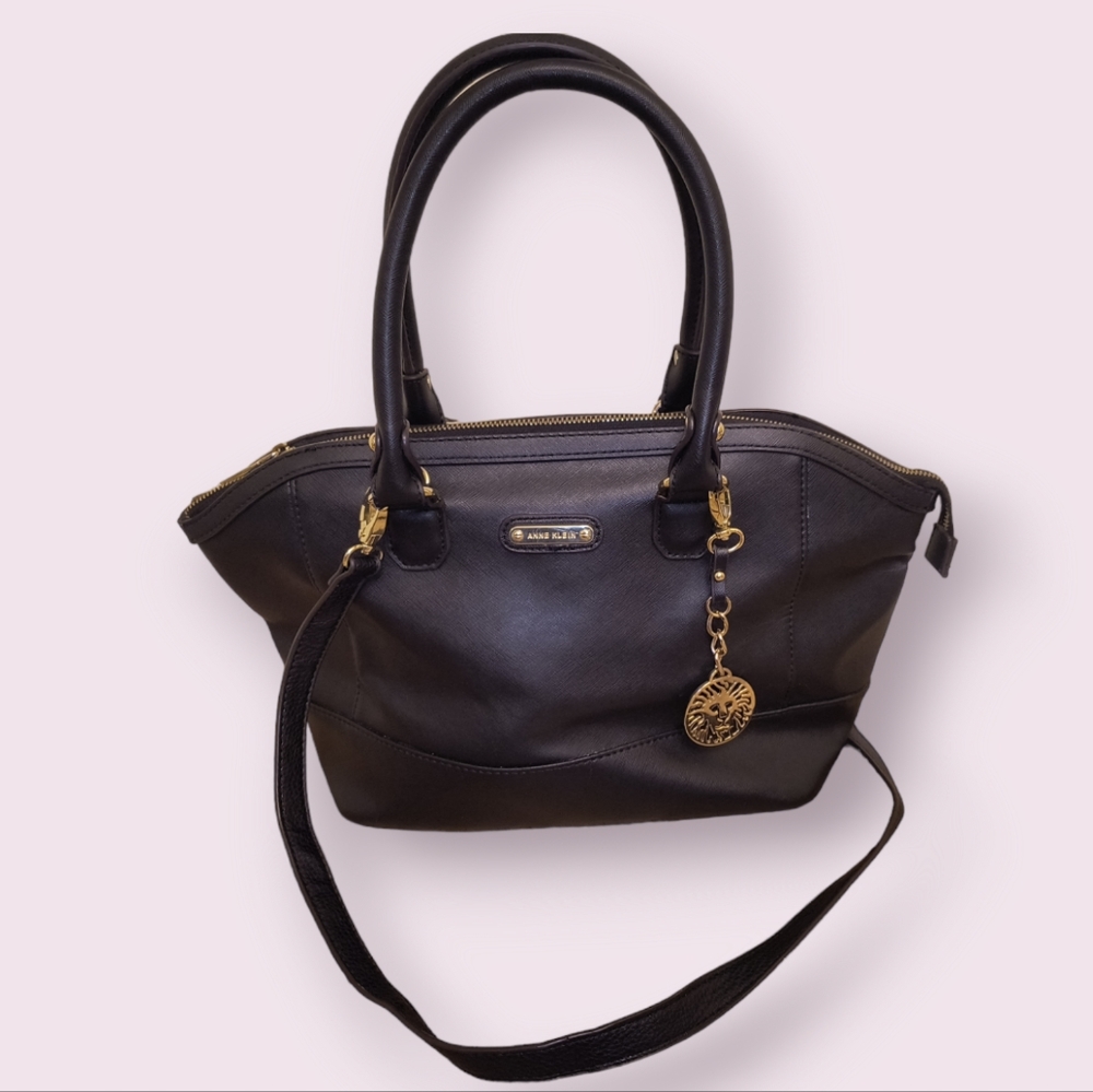 Anne Klein Large Black Satchel Double Top Handle Crossbody Purse with Gold